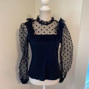 Black Knit Shirt w Sheer Black Dot Sleeves and Yoke
